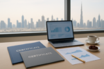 Office desk with two HR certification folders, laptop with blurred analytics, Gulf skyline backdrop — CIPD vs SHRM UAE