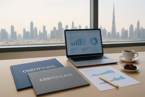 Office desk with two HR certification folders, laptop with blurred analytics, Gulf skyline backdrop — CIPD vs SHRM UAE